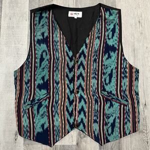 VTG Indonesian IMAGINE Vest Colorful Teal Aztec Striped Wooden Button Waist Coat